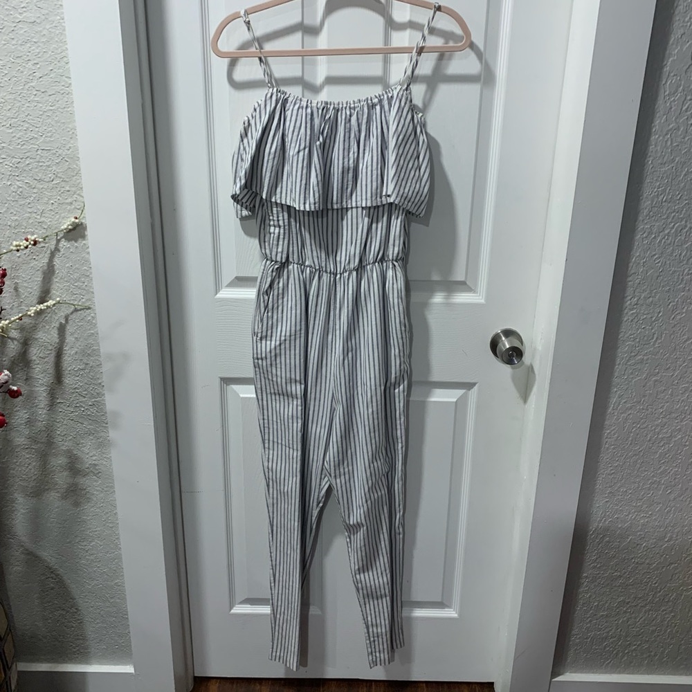 H&M blue and white striped jumpsuit with pockets